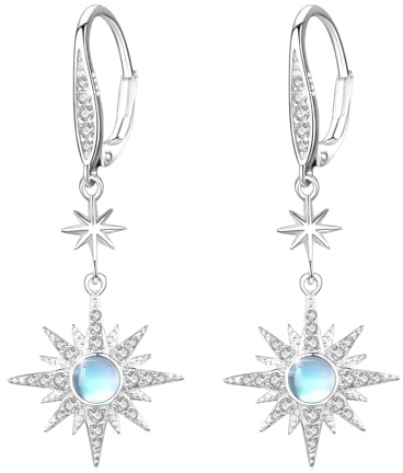 REDSUN Mondstein Ohrringe 925 Sterling Silber Achtzackiger Stern Sonne/MoonHänge Ohrringe Regenbogen Mondstein Schmuck für Mädchen Mutter Tochter Damen Freundin Geschenk