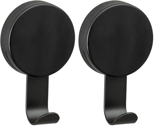 WENKO Static-Loc Plus Wandhaken Pavia Schwarz, 2er Set Bad-Haken, Befestigen ohne bohren, sicherer Halt durch statische Haftung auf glatten, luftundurchlässigen Flächen, je 6 x 10 x 3,5 cm, Stahl matt