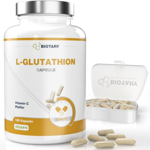 L-Glutathion 98% reduziert 160 Kapseln 500 mg pro Tag mit Vitamin C | 5 Monate Vorrat inklusive Pillenbox 100 % vegan reine Rezeptur geprüfte Qualität