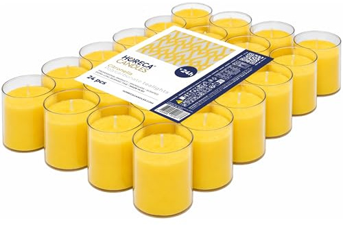 Horeca Candles - Citronella Teelichter in Transparente Kunststoff Hülle - Gelb - 24 Stück - 24 Stunden Lange Brenndauer - Duftkerzen für den Außenbereich, Balkon, Picknick, Camping