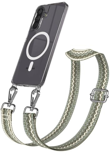 EAZY CASE Handykette - Verstellbares Taschenband kompatibel mit Galaxy A57, Schulterriemen, Handykordel mit Silikon Hülle, Qi Charging kompatibel, Umhängetasche, Grün Beige Silber