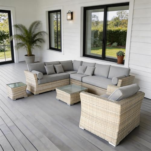 Ragnarök-Möbeldesign PolyRattan - DEUTSCHE Marke - EIGENE Produktion - 8 Jahre GARANTIE (Zwei halbrunde, hellbraune Sofas + graue Kissen)