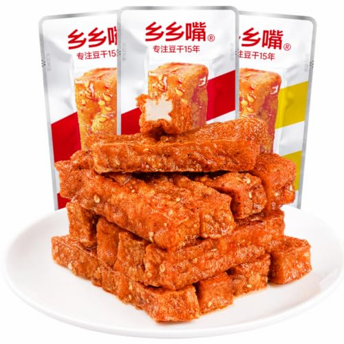 Ezzlorian Scharfer Tofu Snack, 8 Packungen je 13g, Veganer Asiatischer Sojasnack mit würziger Chili-Sauce, Poröse Struktur, Einzeln verpackt für unterwegs