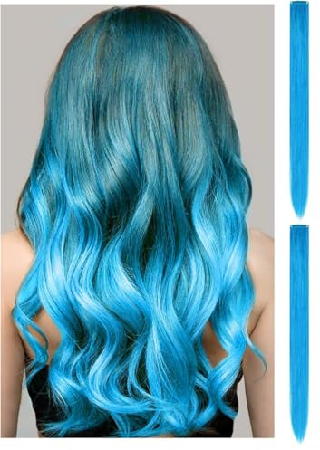 2 x Clip-In Hair Extension Highlights Streaks, Colourful Hair Highlights (Light Blue)