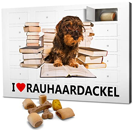 printplanet Hunde-Adventskalender mit Leckerlis - Motiv I Love Rauhaardackel - Weihnachtskalender für Hunde - 2025