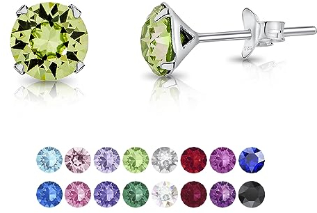 DTPSilver - Damen Ohrringe 925 Sterling Silber und mit Kristallen von Swarovski® Elements 6 mm Runde Ohrstecker - Farbe : Peridot