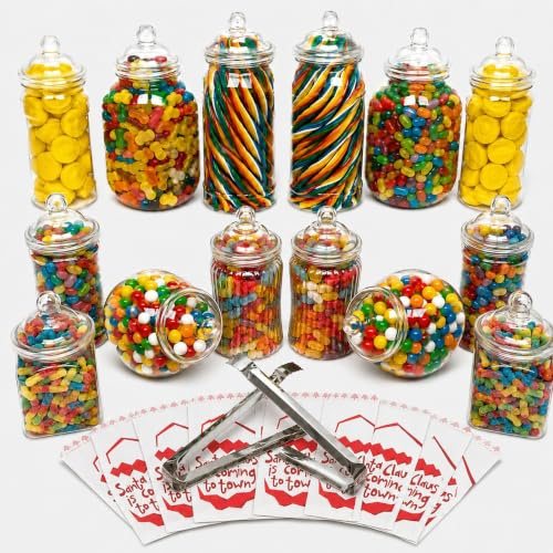 Truly Sweet Candy 14 Plastic Sweet Jars, 7 Styles, 2 Tongs and 50 Bags. Ideal for Party, Wedding, Sweet Table, Candy Buffet (Santa to Town Bags)