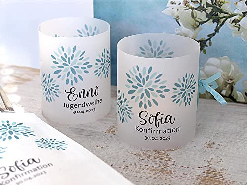 Tischdeko floral türkis mint personalisierbar 8 x Lichthülle Kommunion Jugendweihe Geburtstag