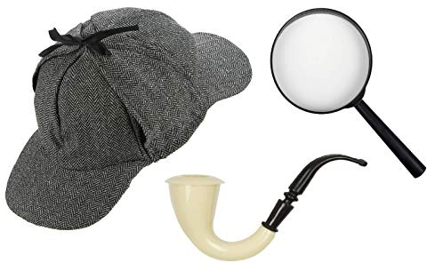 CA SE FETE Detektiv-Kostüm Englisch I Hut Deerstalker Sherlock grau I Pipe I Lupe schwarz 17 cm I Karneval