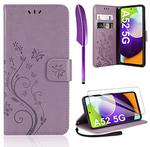 AROYI Lederhülle Kompatibel mit Samsung Galaxy A52 5G/4G/A52S 5G Hülle und Schutzfolie, Flip Wallet Handyhülle PU Leder Tasche Case Schutzhülle Kompatibel mit Samsung Galaxy A52 5G Lila
