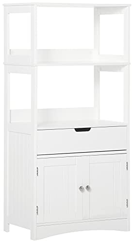 kleankin Armario de Baño con 3 Estantes Cajón y 2 Puertas Mueble de Almacenamiento de Suelo Moderno para Cocina Dormitorio Salón 60x33x122,5 cm Blanco