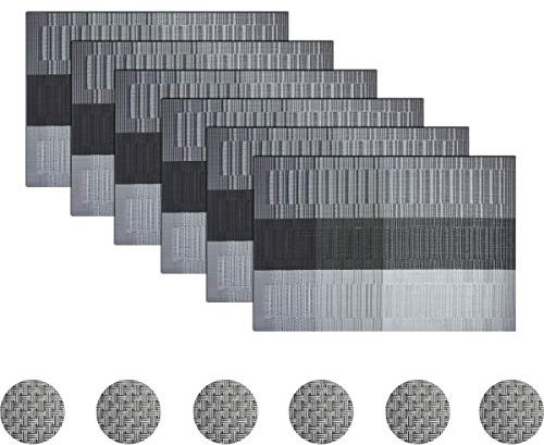 pigchcy Lot de 6 sets de table noirs élégants avec dessous de verre aléatoire, en vinyle, lavables pour table à manger, intérieur et extérieur (45 x 30 cm)