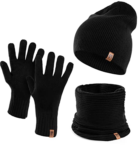 HEYO Herren Wintermütze Schlauchschal Handschuhe 3 teiliges Set | Warme Winter Mütze Schal Winterhandschuhe Schwarz HZ0006 (Schwarz)