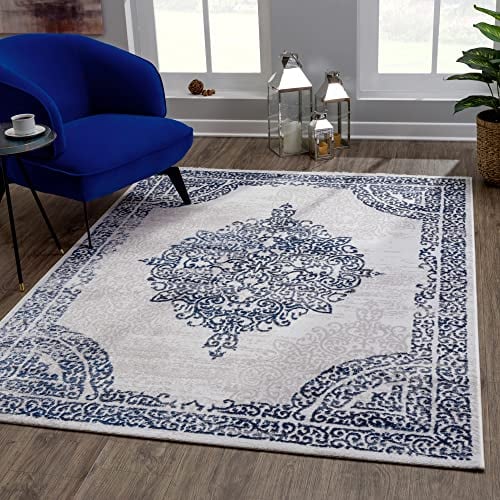 SANAT Evra Teppich für das Wohnzimmer - Kurzflorteppich mit traditionellem Design - geeignet für Wohnzimmer, Flure, Korridore, Esszimmer, Schlafzimmer und Küche - Grau Blau, 160 x 220 cm