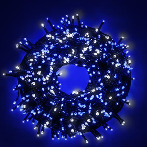 Luccika stringa natalizia con luci a led su cavo verde per uso interno ed esterno controller 31V con 8 giochi di luce e memoria (Blu + Bianco Ghiaccio, 15 Metri con 300 Led)