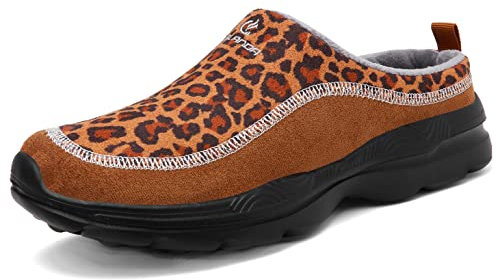 SMajong Zuecos de Cálidas Hombres Mules Mujeres Zapatillas de Casa Invierno Antideslizante Zapatos de Jardín Ligero Casual Pantuflas Exterior y Interior Estampado de Leopardo Talla:42 EU