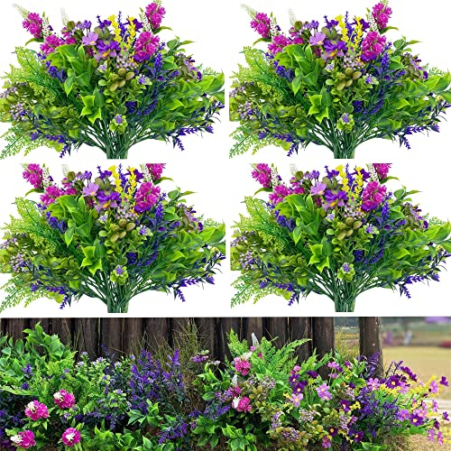 36 Stücke Kunstpflanzen Außenbereich, Kunstblumen Balkon Künstliche Balkonpflanzen Wetterfest, für die Heimdekoration, WAKISAKI (Magenta & Lavendel, 36)