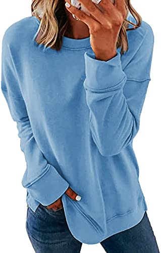 NEYOUQE Sweatshirt Damen Langarm Rundhals Pullover Einfarbig Longsleeve Crewneck Sweatshirt Loose Lässig Casual Pullover Damen Winter Blau M