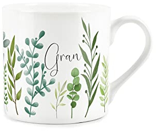 Purely Home Bone China Gran Mug - Green Leaf Foliage Gran Gift Coffee/Tea Mug - Present for Gran