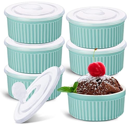 6 Sets Porcelain Ramekins with Lids 8 Oz Oven Safe Creme Brulee Souffle Ramekins with Covers for Oven Stackable Ceramic Bowl with Lid Baking Dishes Cups for Baking(Blue)