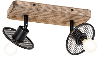 Qazqa - Industrie I Vintage I Industrie I Vintage Ir Deckenstrahler schwarz mit Holz 2-flammig-flammig - Jasmijn I Wohnzimmer I Schlafzimmer - Stahl Rechteckig - LED geeignet E14