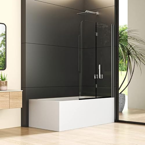 Duschwand für Badewanne 110x140cm 2-teilig Faltbar Glas Duschabtrennung, Schwarz Badewannenaufsatz Duschtrennwand, Badewannen Klappbar Badewannenwand Faltwand mit 5mm EGS Nano Sicherheitsglas