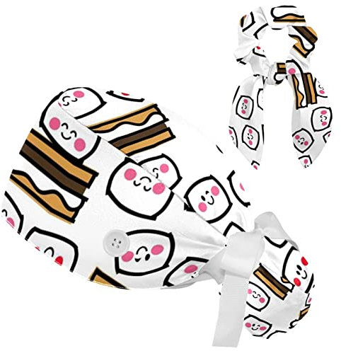 Arbeitskappen mit Knöpfen, Langhaar-Peeling-Hüte Pferdeschwanz-Halter für Frauen,Kawaii Muster Cartoon Zuckerwatte