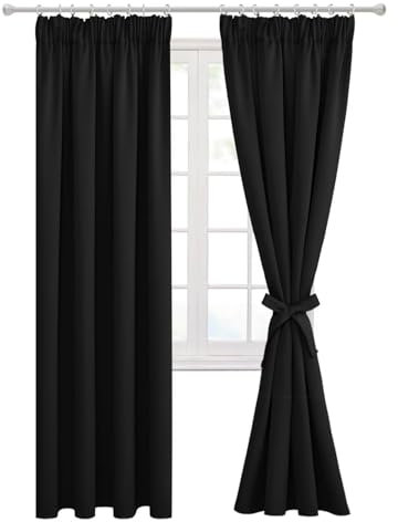 Hiasan Blackout Curtains for Bedroom Black Pencil Pleat Curtain for Living Room with Tiebacks Thermal Curtains 55 x 79 Inch 2 Panels