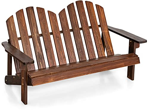 COSTWAY Adirondack-Stuhl für Kinder, 2-Sitzer Adirondack Chair aus Holz mit hoher Rückenlehne, wetterfester Gartenstuhl für Balkon, Garten und Hof (Braun)