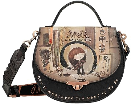 Anekke | Sac bandoulière rond collection Shoen | Sac femme porté main et croisé tendance original inspiration japonaise | 24 x 20 x 12 cm | Coloris noir