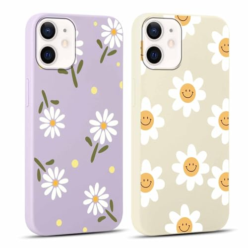 Yoedge 2 Stück HandyHülle für iPhone 12 / iPhone 12 Pro Hülle 6,1, Mädchen Schutzhülle Blumen Muster Aesthetic Design,Frauen Geschenk Weich TPU Silikon Stoßfest Cover Case für iPhone 12, Lila Blume