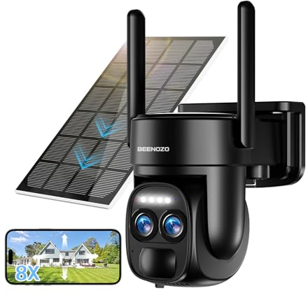 BEENOZO [ 8X Zoom 4K 5Dbi Telecamera Wi-Fi Esterno Batteria senza fili,360°PTZ Videocamera Sorveglianza con Pannello Solare,Visione Notturna a Colori,Rilevazione di Movimento PIR,Audio a 2 Vie,IP66