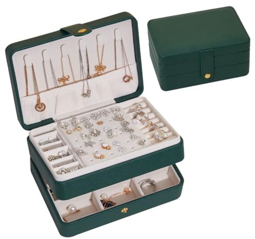 Terafeels Green Travel Jewellery Box PU Leather Jewelry Storage Organizer Boxes for Rings Earrings Necklace Watches for Women Ladies Daily Use