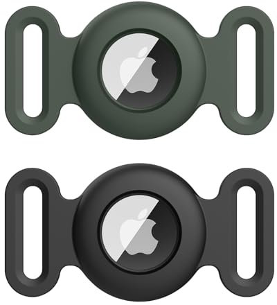 Vancle 2 Stück Hülle für AirTag Hundehalsband Schutzhülle, Silikon Wasserdichtes Schutzhülle AirTag, Pet Loop Holder für AirTags, Hülle für Haustier Katzen Hundehalsbändern, Schwarz+Dunkelgrün
