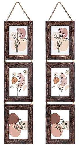 EYMPEU 2 Pack 6x4 Photo Frame with Twine, Triple Rustic Vertical 4x6 Picture Frames for Displaying Photos or Postcards, Wall Decoration, Vintage Brown