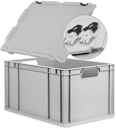 Eurobox NextGen Economy 60x40x32cm Griffe offen mit Scharnierdeckel grau, Kunststoffbox 65 Liter, Transportbox Lagerbox Campingbox stapelbar, Farbe Deckel-Verschlüsse wählbar (Schwarz)