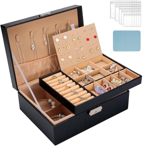 LELE LIFE Schmuckschatulle für Damen und Mädchen, 2-lagig, groß, Leder, abschließbar, für Herren, Schmuck-Aufbewahrungsbox für Halskette, Ohrringe, Ring, Armband, mit herausnehmbarem Tablett und