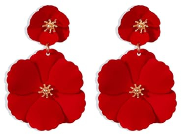 FDEETY Ohrringe Böhmische Doppelt Blumen Tropfen Ohrringes Matte Blume Lange Ohrstecker Leicht Vintage Schmuck für Frauen Und Mädchen Bräute Brautjungfern Hochzeit Prom(Rot)