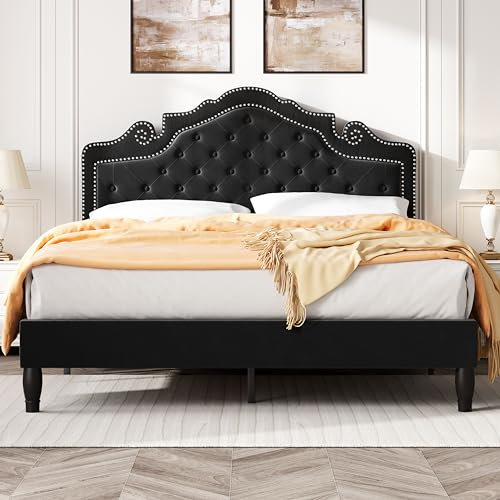 SHA CERLIN Queensize-Bettgestell mit verstellbarem Kopfteil/Samt gepolstert/Diamantknopf getuftet und Metallnieten/kein Boxspringbett erforderlich/Holzlattenstütze/einfache Montage/Schwarz