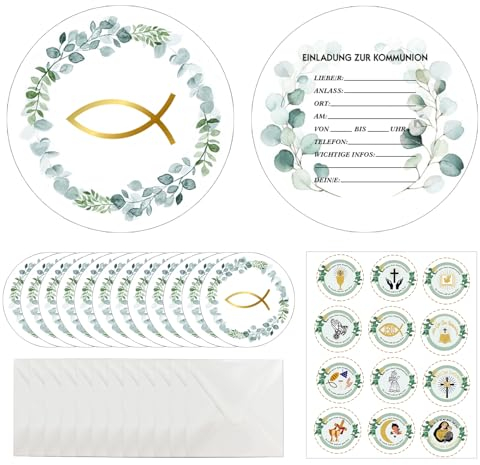 12 Set Einladungskarten zur Kommunion, 12 Einladung kommunion mit 12 Umschlägen, 12 Aufkleber, Kommunion Taufe Fisch Einladungskarten Dankeskarten zur Erstkommunion für Jungen Mädchen 15 x 15 cm