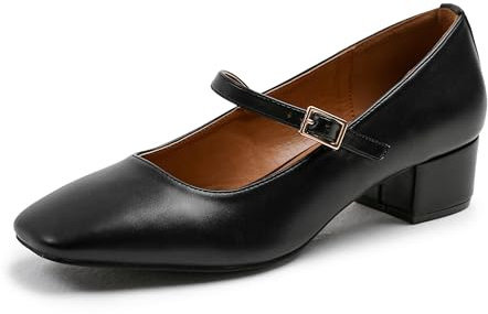 Womens Low Mid Block Heel Ankle Strap Smart Work Office Comfort Court Shoes Wide Fit Closed Toe Comfy Party Casual Travel Shoes Black Faux Leather