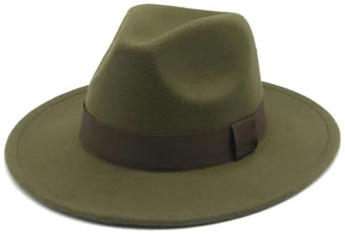 Chapeaux Fedora Trilby Chapeau Feutre Chapeau Femme Hommes Fedora Chapeaux Large Bord Ceinture Ruban Bande Solide Classique Robe Formelle Mariage Fedora Chapeaux Pour Hommes 60-62 Cm (Xl) Armygreen