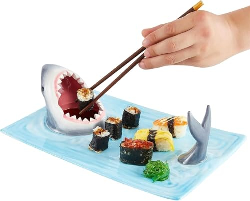 Shark Ceramic Sushi Plate,Shark Shaped Plate with Soy Sauce Bowl and Chopstick Holder for Sushi Lovers and Fun Dinner Parties