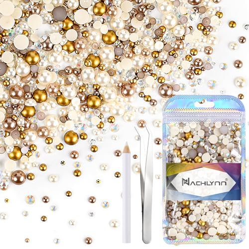 NACHLYNN 60g Mix Pearls and Rhinestones for Crafts Flatback Rhinestones Half Round Mixed Size 3mm-10mm Flatback Pearls for Crafts DIY Nail Art Shoes Clothes Tumblers Mugs (Champagne Gold)