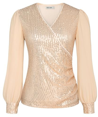 Damen Einfarbige Solid Bluse Pailletten Club Top Kreuz V-Ausschnitt Sexy Tunika Chiffon Langarm Vintage Casual Bluse Gold M