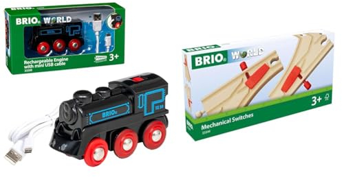 BRIO World - 33599 Akku Lok mit Mini USB & Bahn 33344 - Mechanisches Weichenpaar - Eisenbahnzubehör Holzeisenbahn - Empfohlen für Kinder ab 3 Jahren