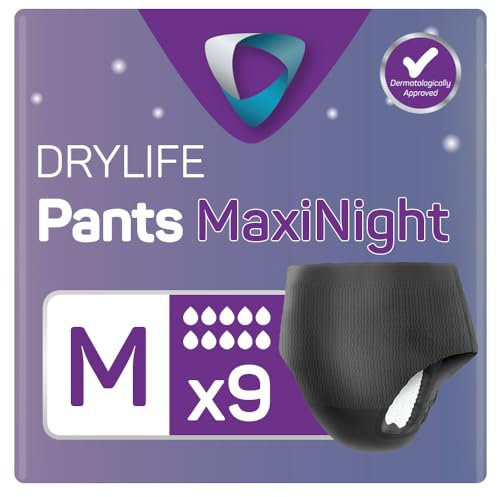 Drylife Pants Maxi Night Einweg-Inkontinenzunterhose zum Hochziehen, Uni, 3000 ml Saugfähigkeit, Schutz über Nacht, Auslaufsicherheit, atmungsaktives Material, Größe M, 1 Packung mit 9 Stück