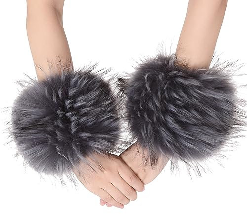 sy soul young Damen Kunstpelz Handgelenk Manschetten Winter Fuchs Pelz Armbänder Fluffy Pelz Manschette Pulswärmer Armwärmer Zubehör(Grau mit Spitzen)