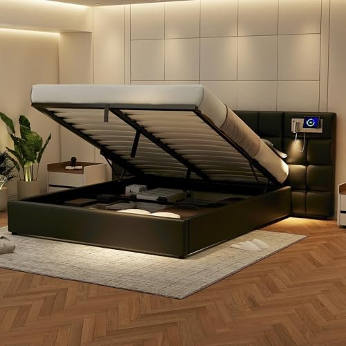 Aoskem Polsterbett Bett 180x200 cm Doppelbett mit Stauraum, Extrabreiter Kopfteil mit Leselicht&USB&KabellosesLaden, Stauraumbett Bettgestell mit Lattenrost, Funktionsbett, Ohne Matratze (PU Schwarz)