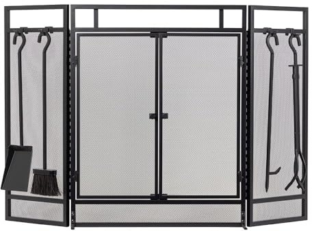 Kern River Mesh Trifold Kaminschutz mit 4-teiligem Werkzeugset in Schwarz | Funktionstüren | Schwerlast Stahlrahmen mit Pulverbeschichtung | Hitze- & Korrosionsbeständig | Passend für Standard-Kamine